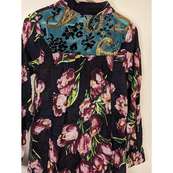 Oddi black floral button up collared button up long sleeve blouse womens small - Picture 4 of 5
